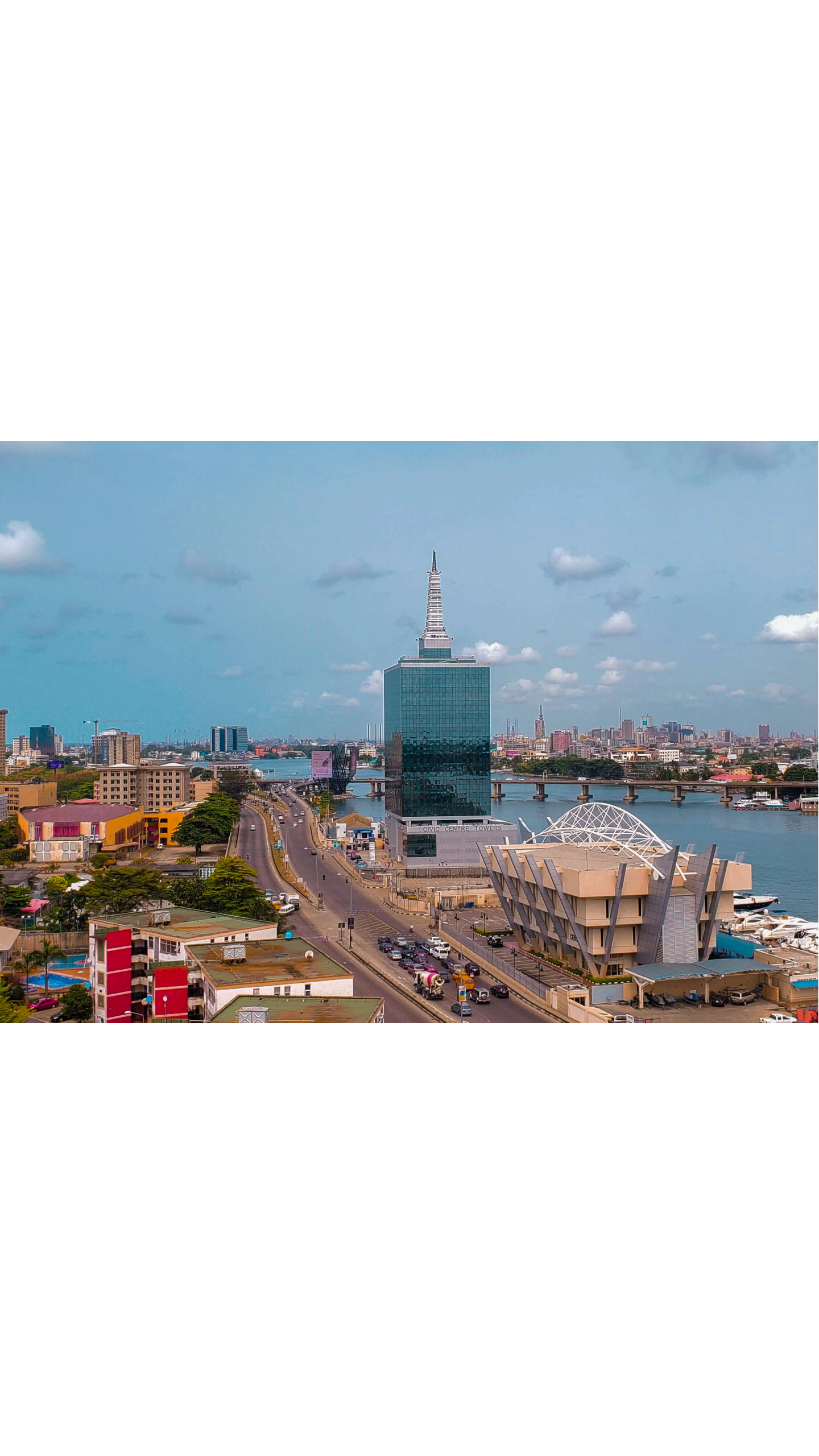 Aerial view of the Lagos skyline and Third Mainland Bridge